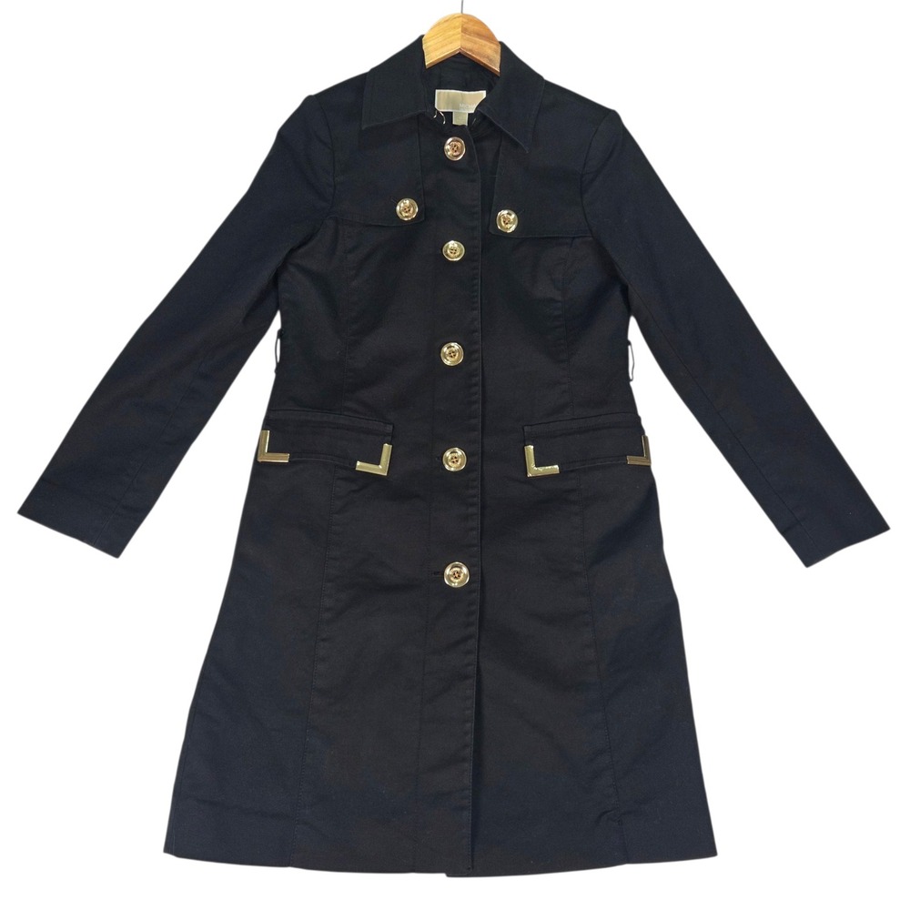 Michael Kors Trench‎ Coat Womens M Black Gold Button Single Breasted Long Jacket